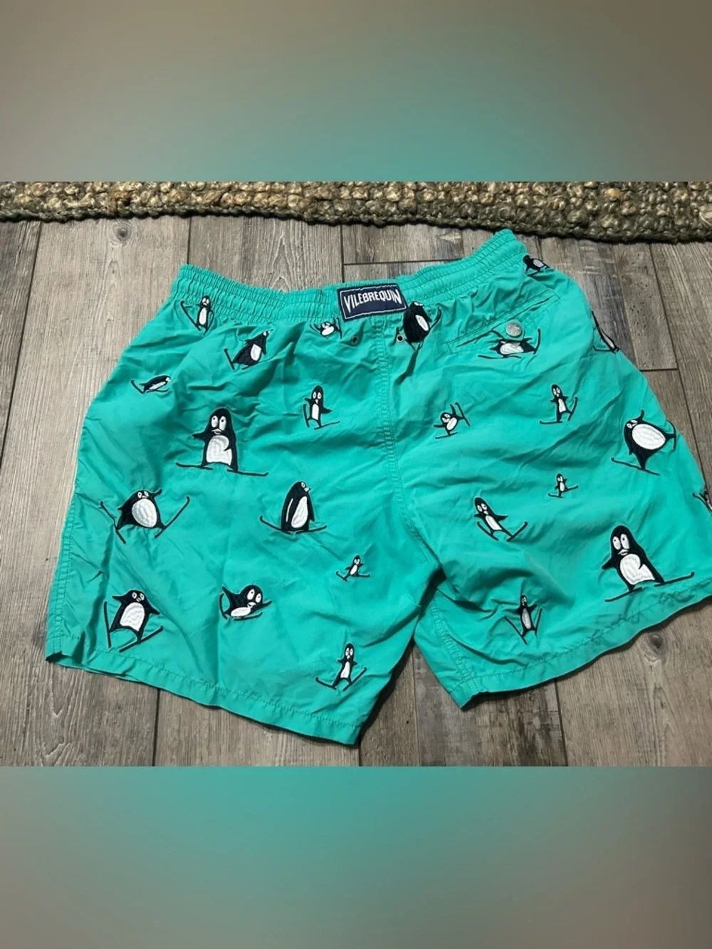 Vilebrequin special edition embroidered penguin Mistral swim trunks teal aqua